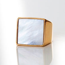  The Camila Ring by The Lāz Element. Square-shaped gold ring featuring natural white abalone shell that is iridescent but subtle.
